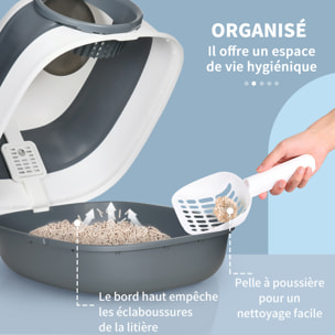 Maison de toilette pliable - bac à litière chat avec porte battante, pelle et filtre inclus - ABS PP blanc gris