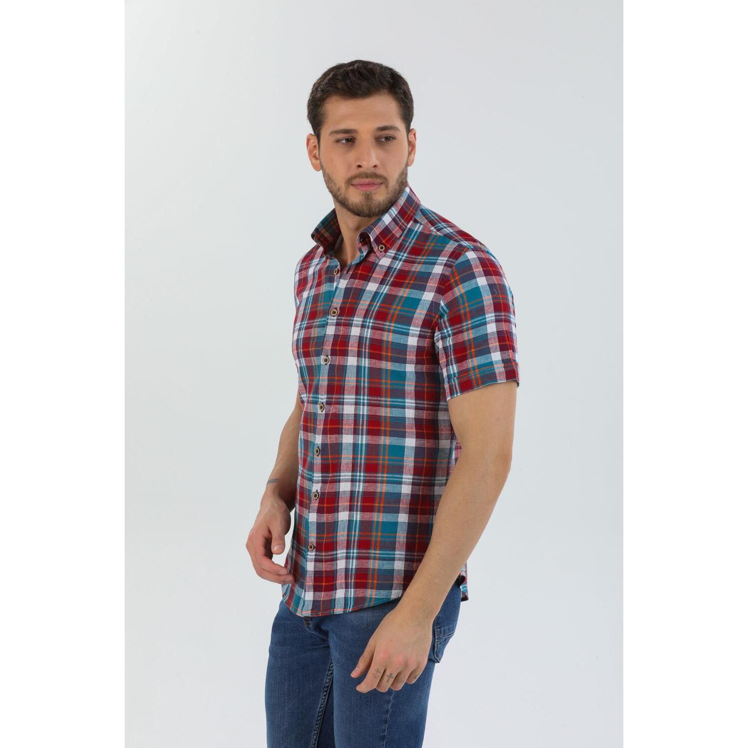 Camicia Uomo 1 Bottone Button Down Manica Corta Slim Lino Quadro Grande Rosso Verde Ottanio