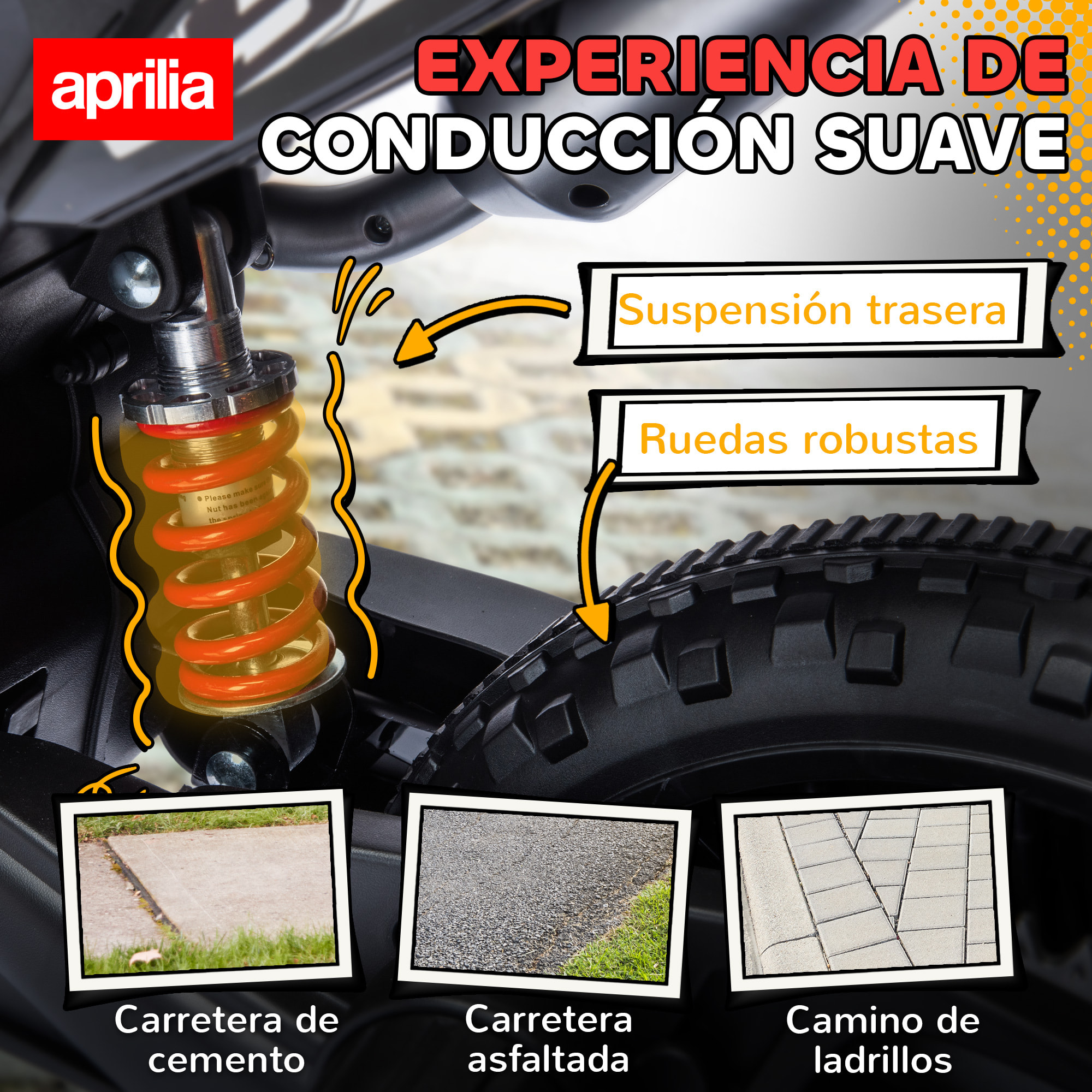 Moto Eléctrica para Niños 12V con Licencia Aprilia, Moto Eléctrica Infantil con Ruedas Auxiliares Desmontables, 6 km/h, Suspensión Trasera, Faro, Música y USB, para Niños 37-96 Meses, Rojo