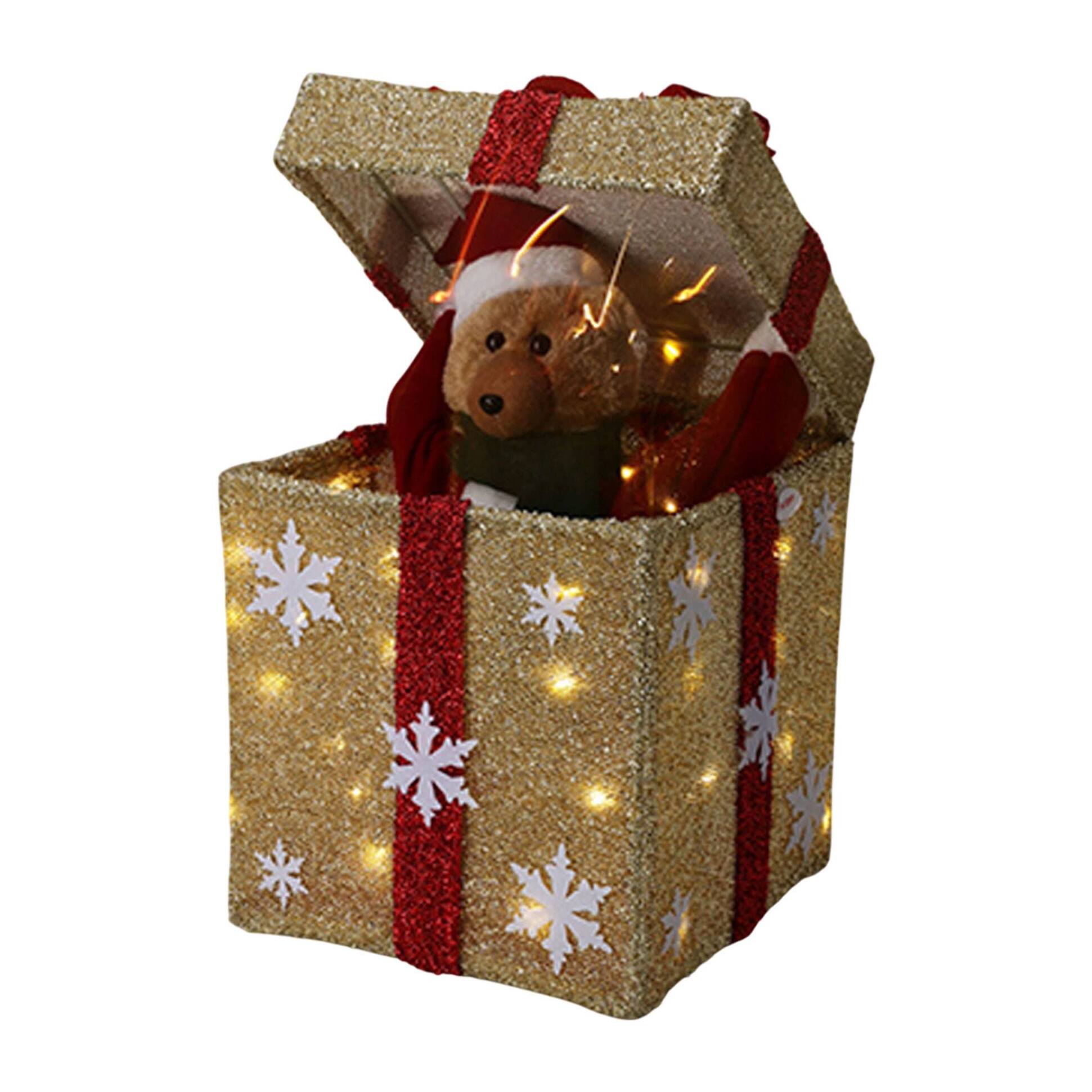 Caja de regalo dorada decorativa navideña con música y 50 leds cálidas 25x25x50cm