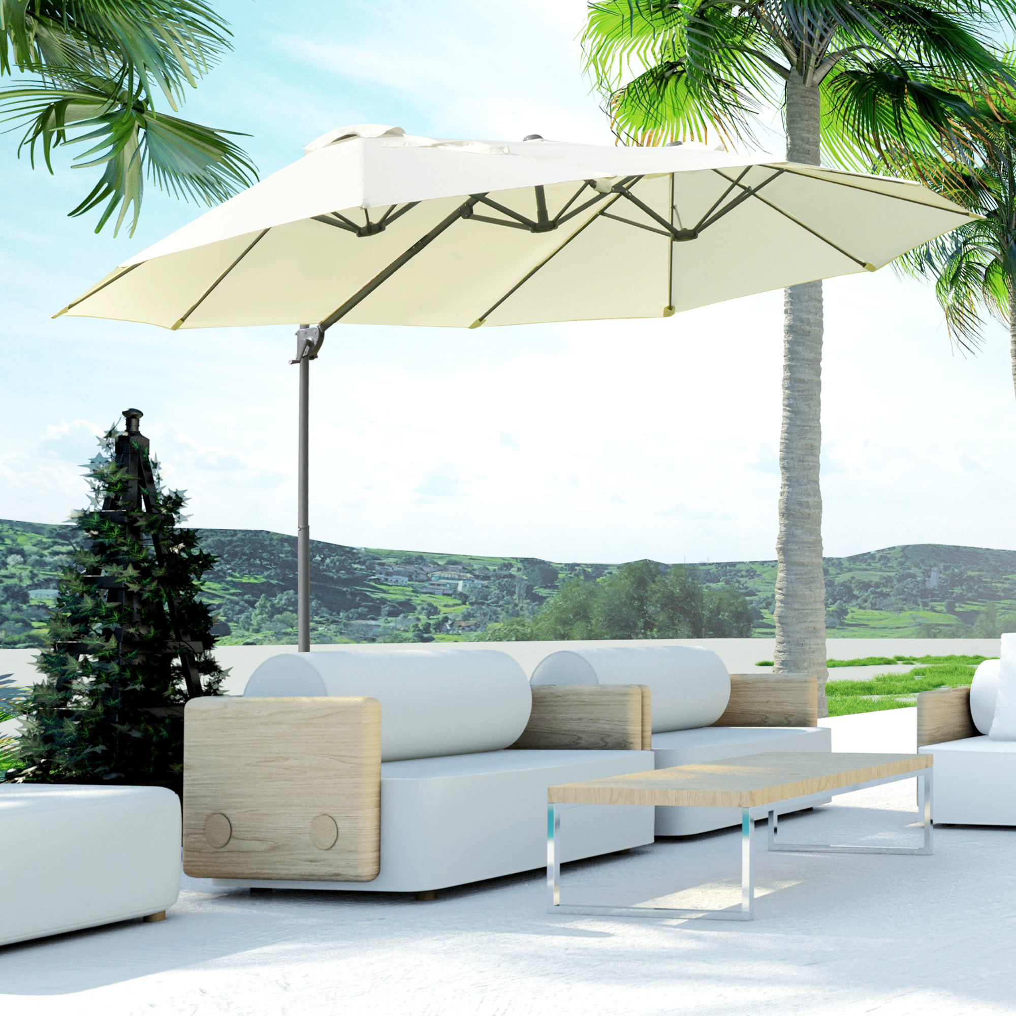 Sombrilla Doble Parasol Grande Inclinable para Jardín con Manivela Abrir y Cerrar Fácilmente 12 Varillas de Metal Ofrece Una Alta Estabilidad Beige y Negro 270x445x260 cm