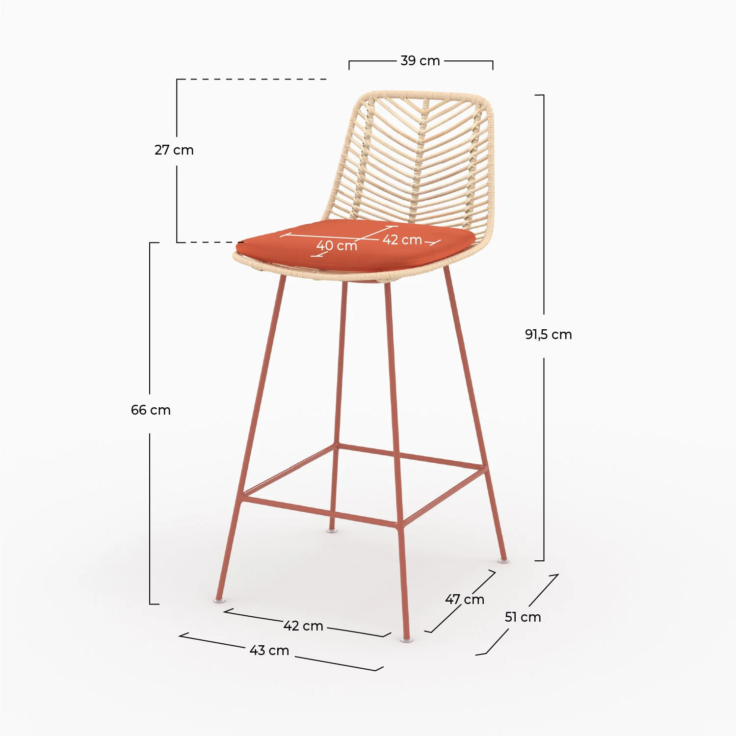 Lot de 2 chaises pour îlot central 66 cm en rotin et tissu orange - Tamara