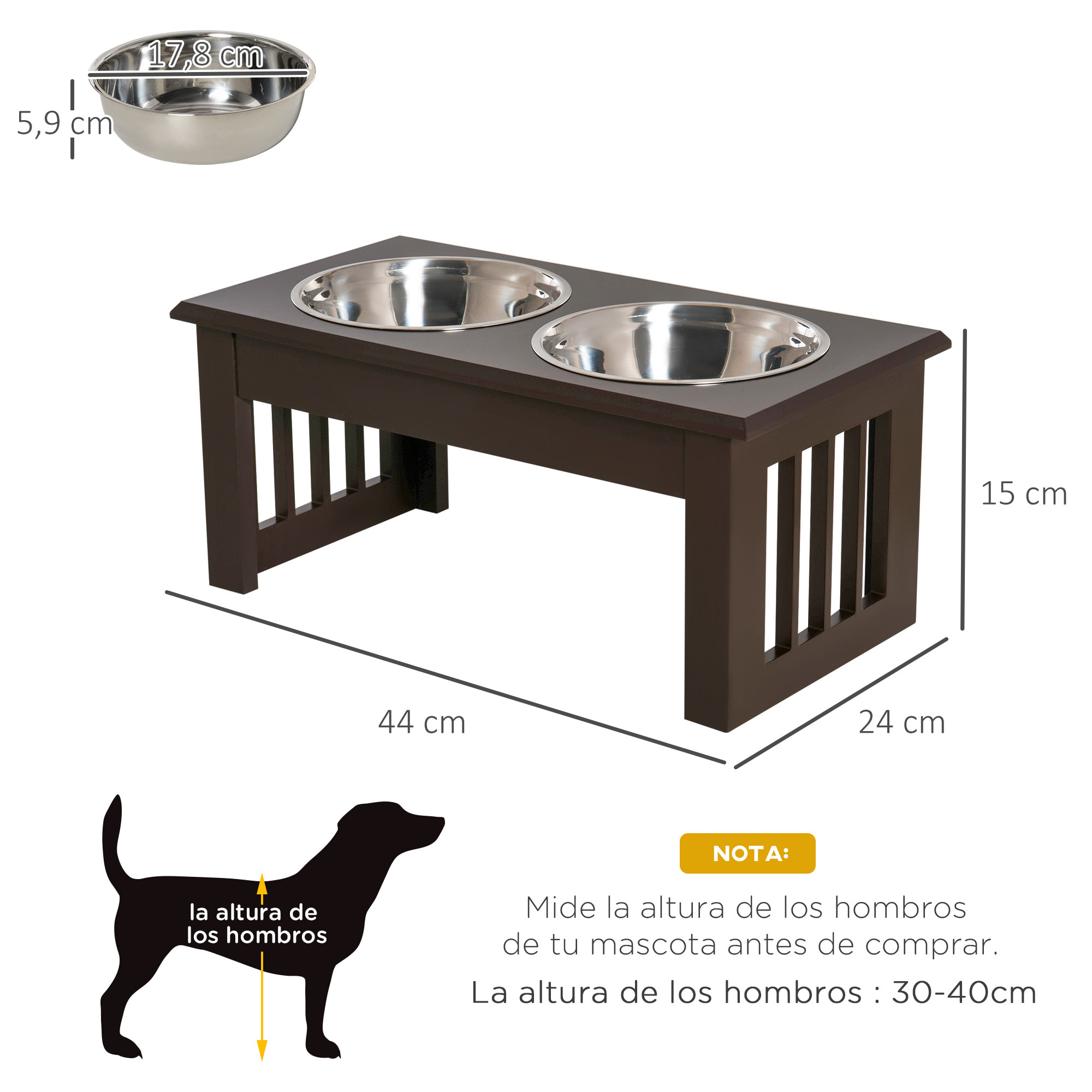 Comedero Elevado para Perros con Soporte y 2 Cuencos Extraíbles de Acero Inoxidable Alimentador para Mascotas Alimento y Agua 44x24x15 cm Marrón