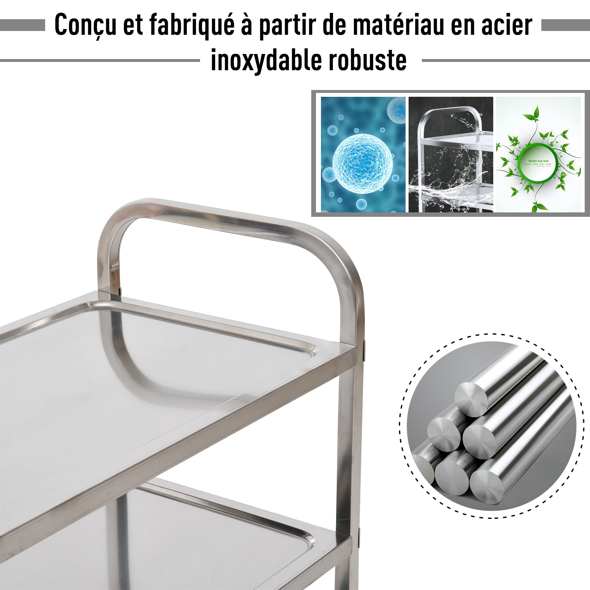 HOMCOM Chariot de service desserte de cuisine à roulettes 3 étagères 85L x 45l x 90H cm acier inox. chromé