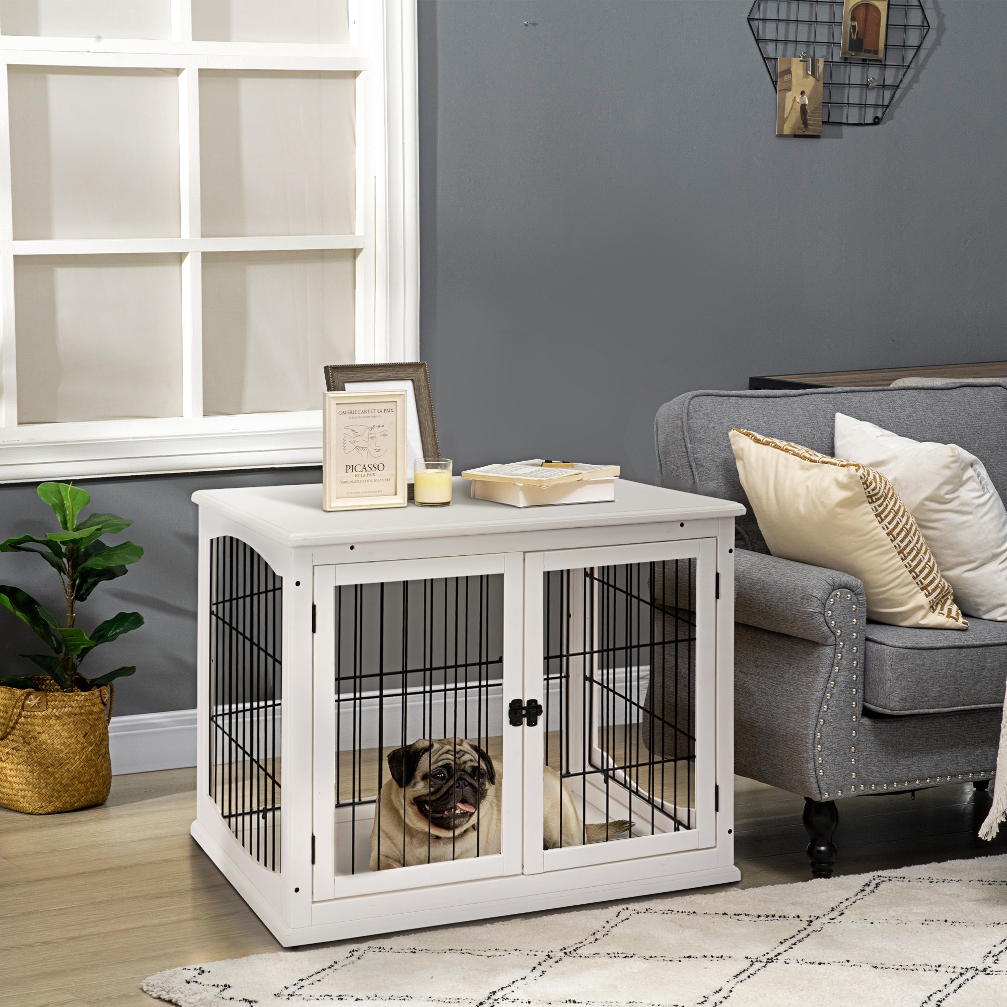 Cage pour chien animaux cage en bois MDF classe E1 3 portes verrouillables max. 30 Kg dim. 81L x 58l x 66H cm blanc noir