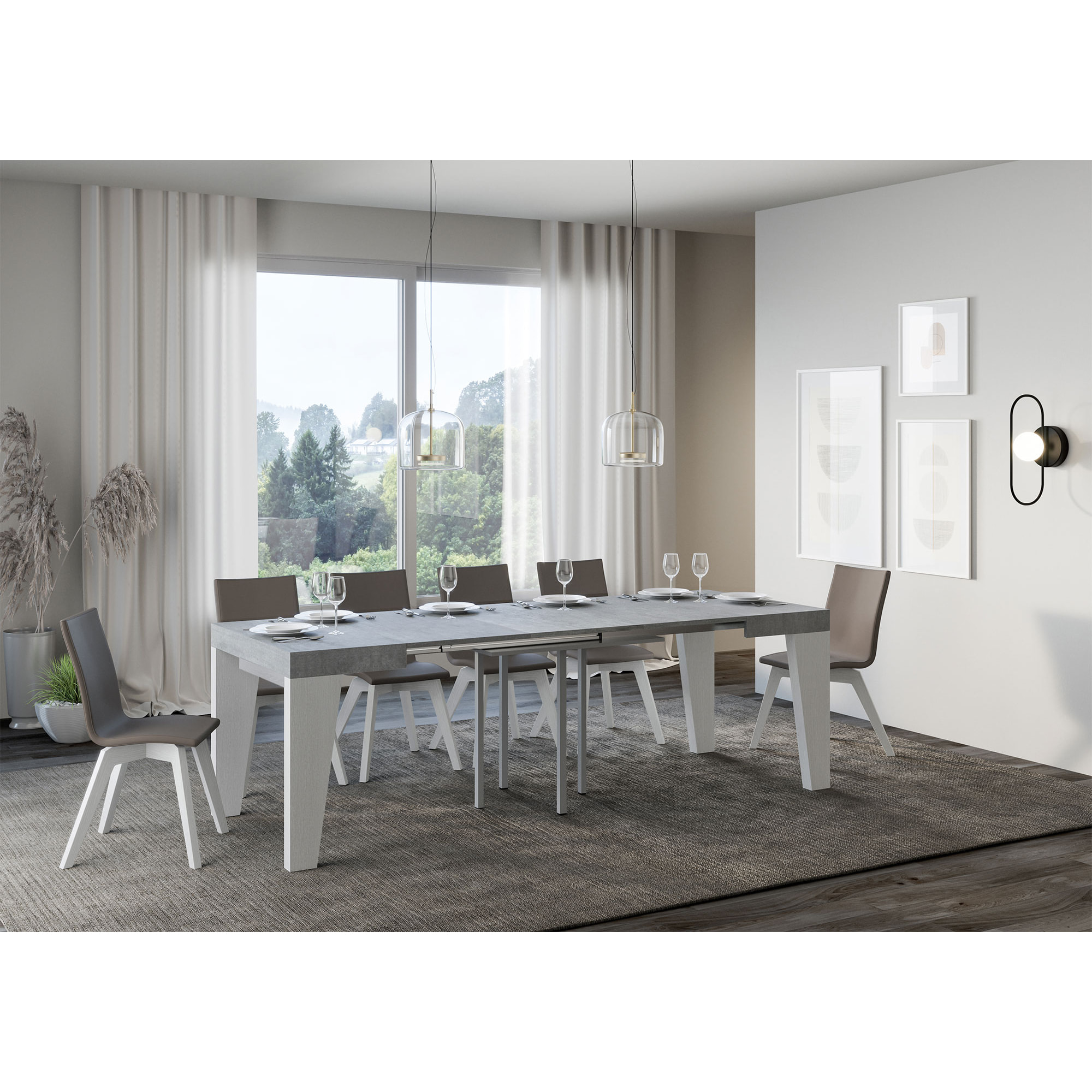 Table Naxy Mix Extensible dessus Ciment structure Frêne Blanc 90x90 Allongée 246