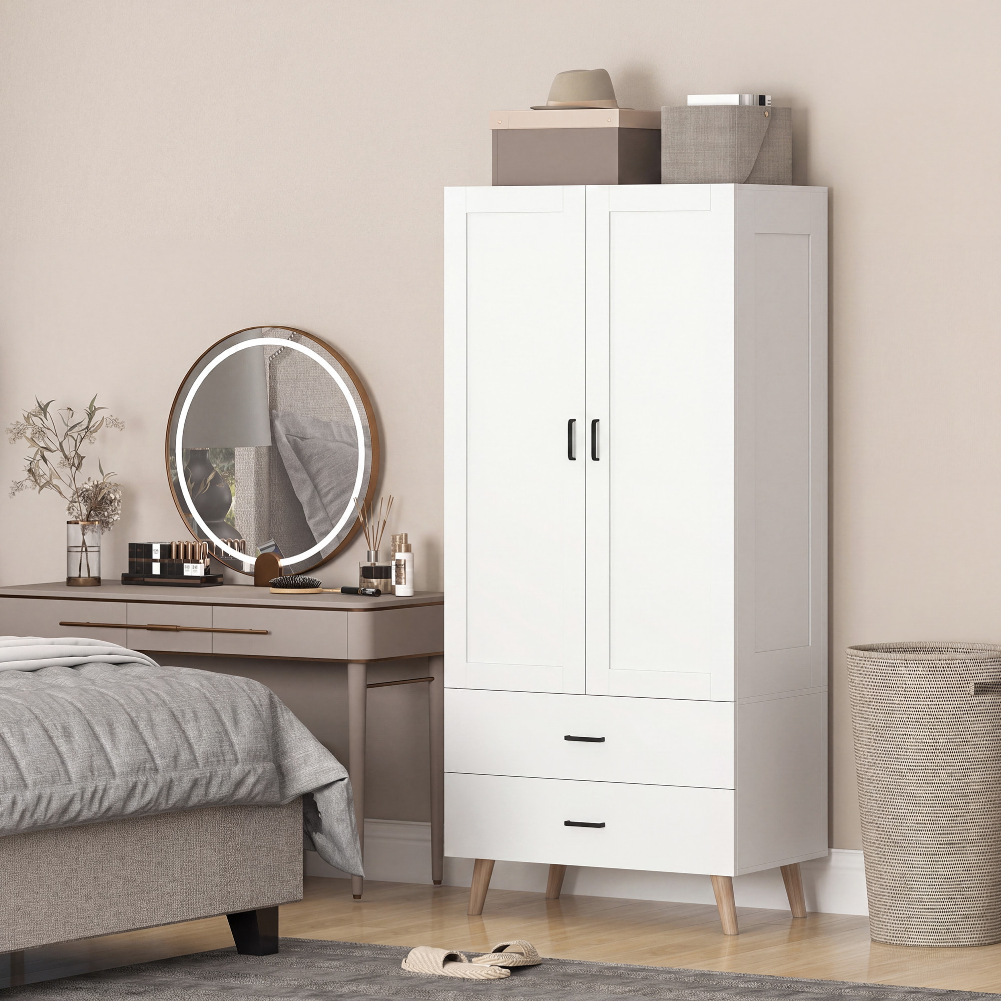 Armoire penderie 2 portes 2 tiroirs et barre de suspension, 80x54x180cm, blanc
