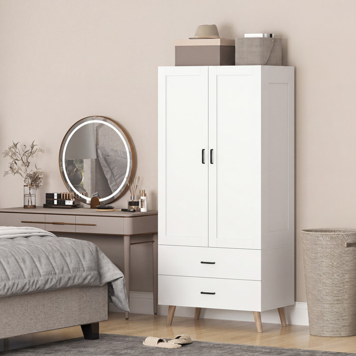 Armoire penderie 2 portes 2 tiroirs et barre de suspension, 80x54x180cm, blanc