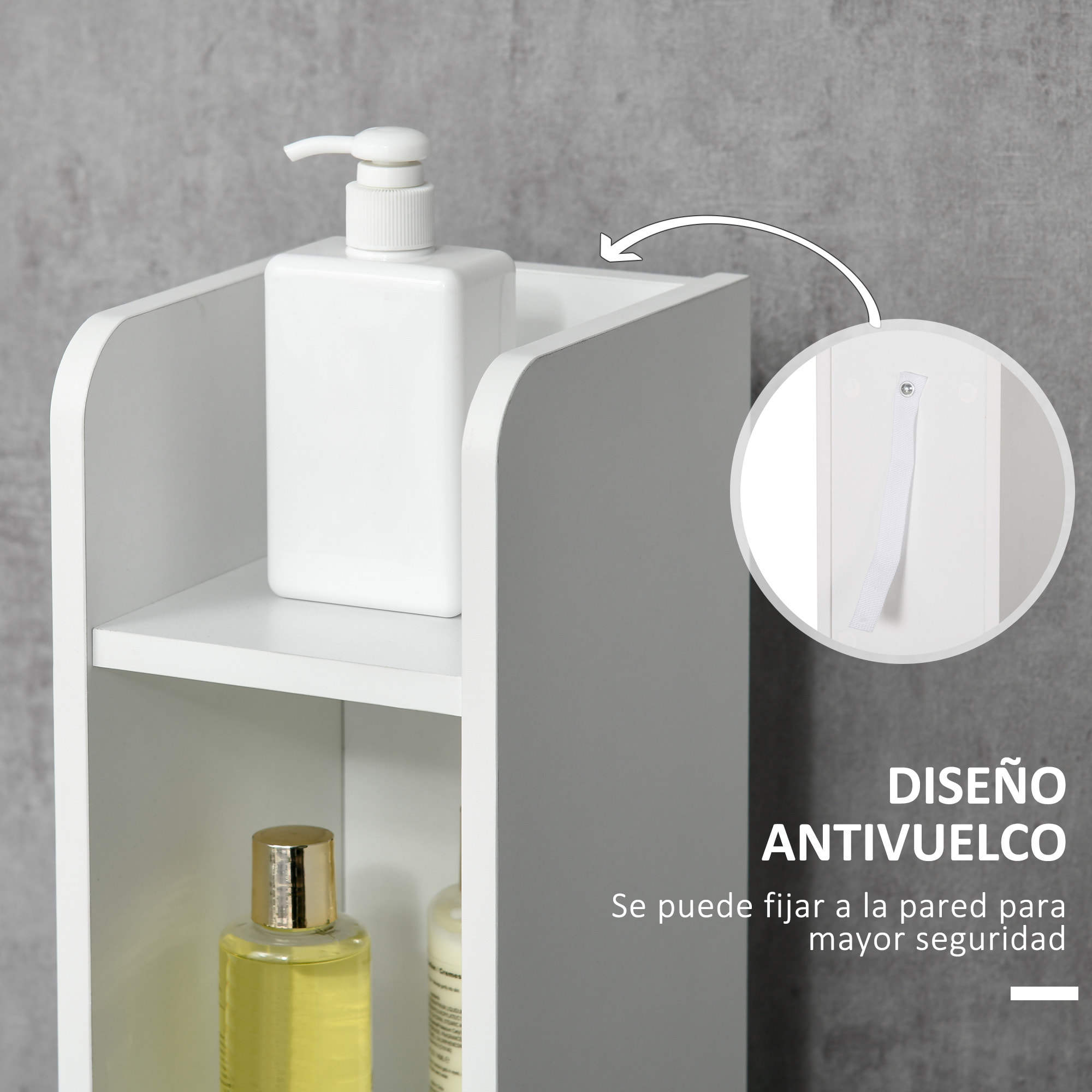 Columna de Baño Mueble de Baño con 3 Puertas 3 Estantes Abiertos y Sistema Antivuelco Armario de Baño Estilo Moderno 15x17x120 cm Blanco y Negro