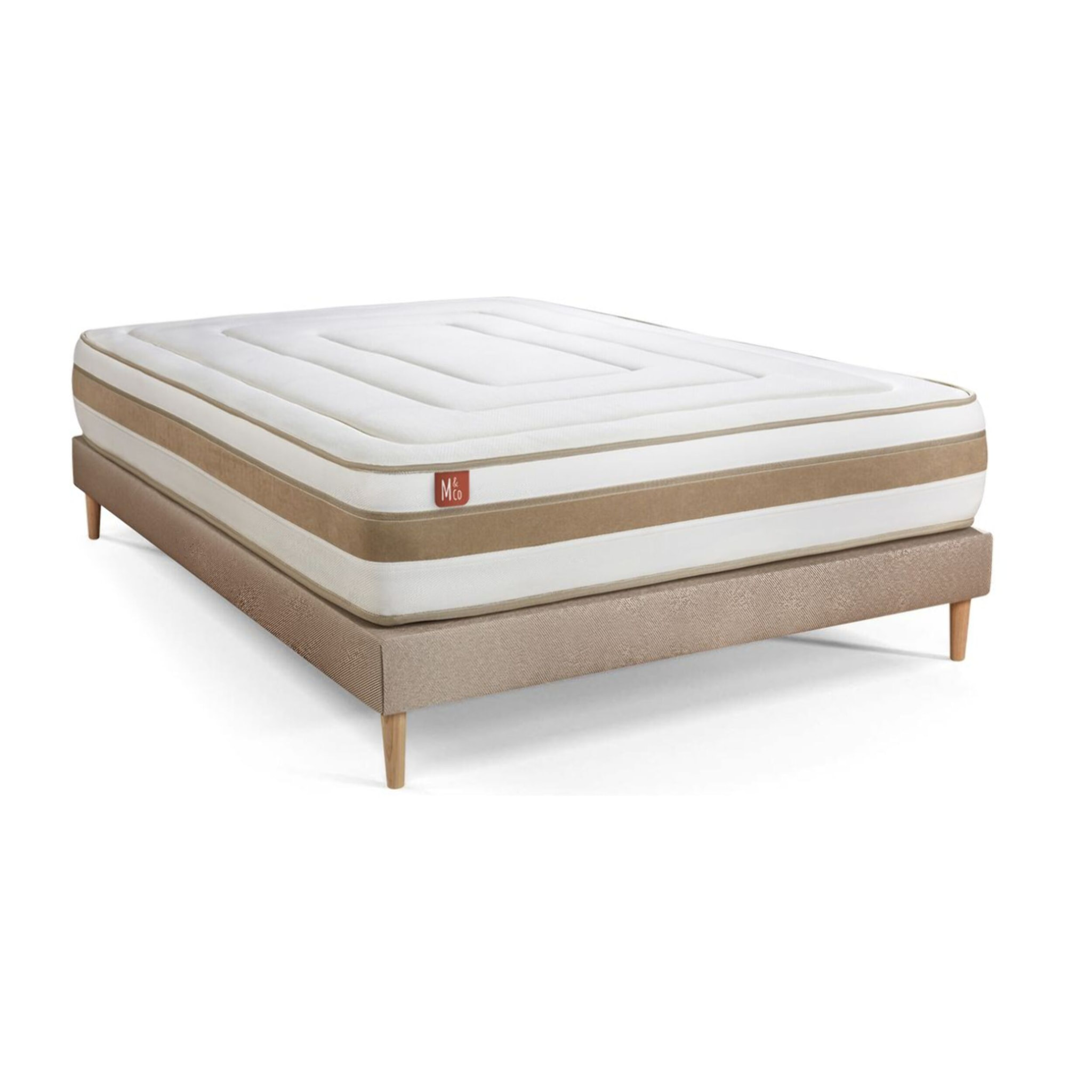 Ensemble Matelas Le Raffiné - 26cm - Ressorts ensachés et mémoire de forme - Confort haut de gamme, impact réduit. - Sommier kit Beige