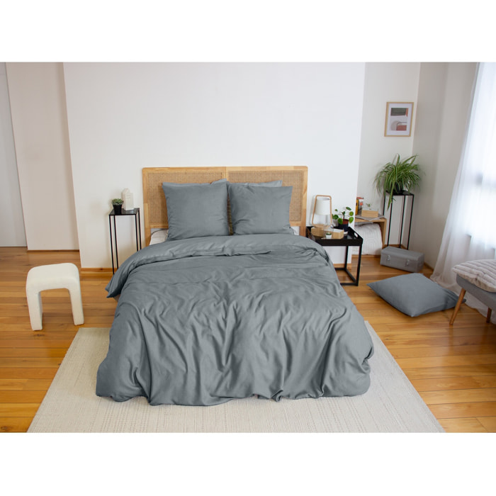Parure housse de couette 3PCS en MICROFIBRE EFFET FLANELLE - ARDOISE