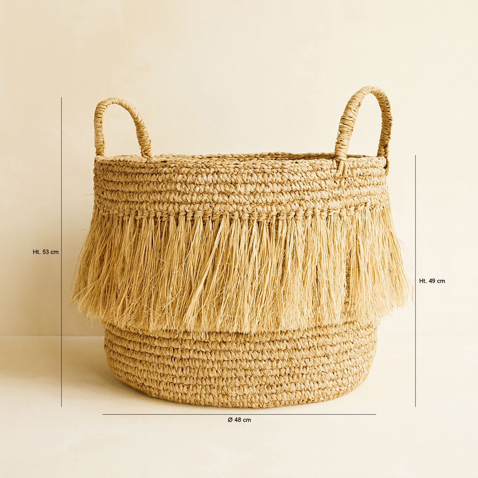 Panier à franges en raphia naturel avec anses 48cm LUYS