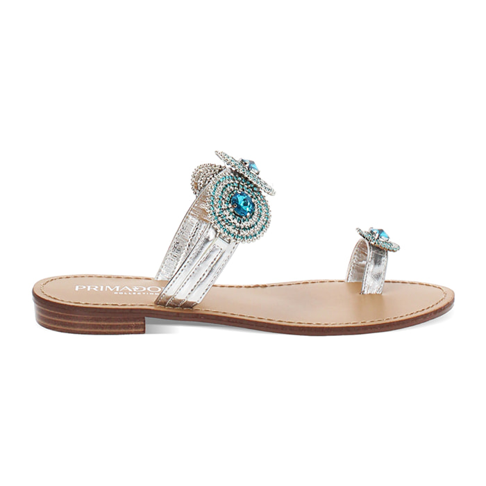 Sandali bassi donna argento con pietre blu in laminato
