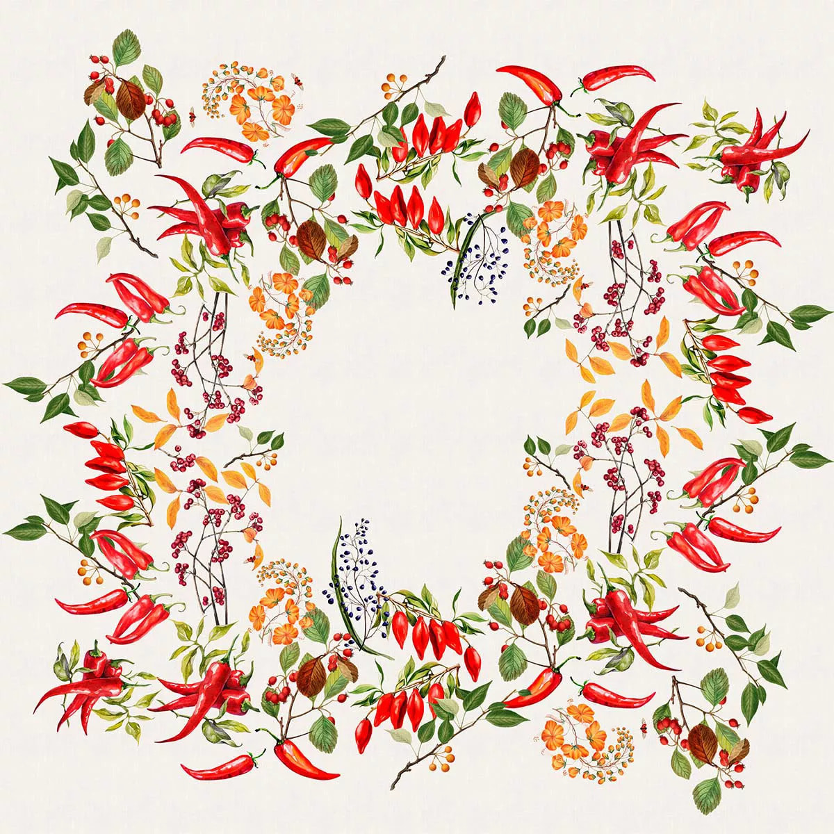 Nappe lin & coton lavé 150 g/m² imprimé vert rouge Piments doux caliente