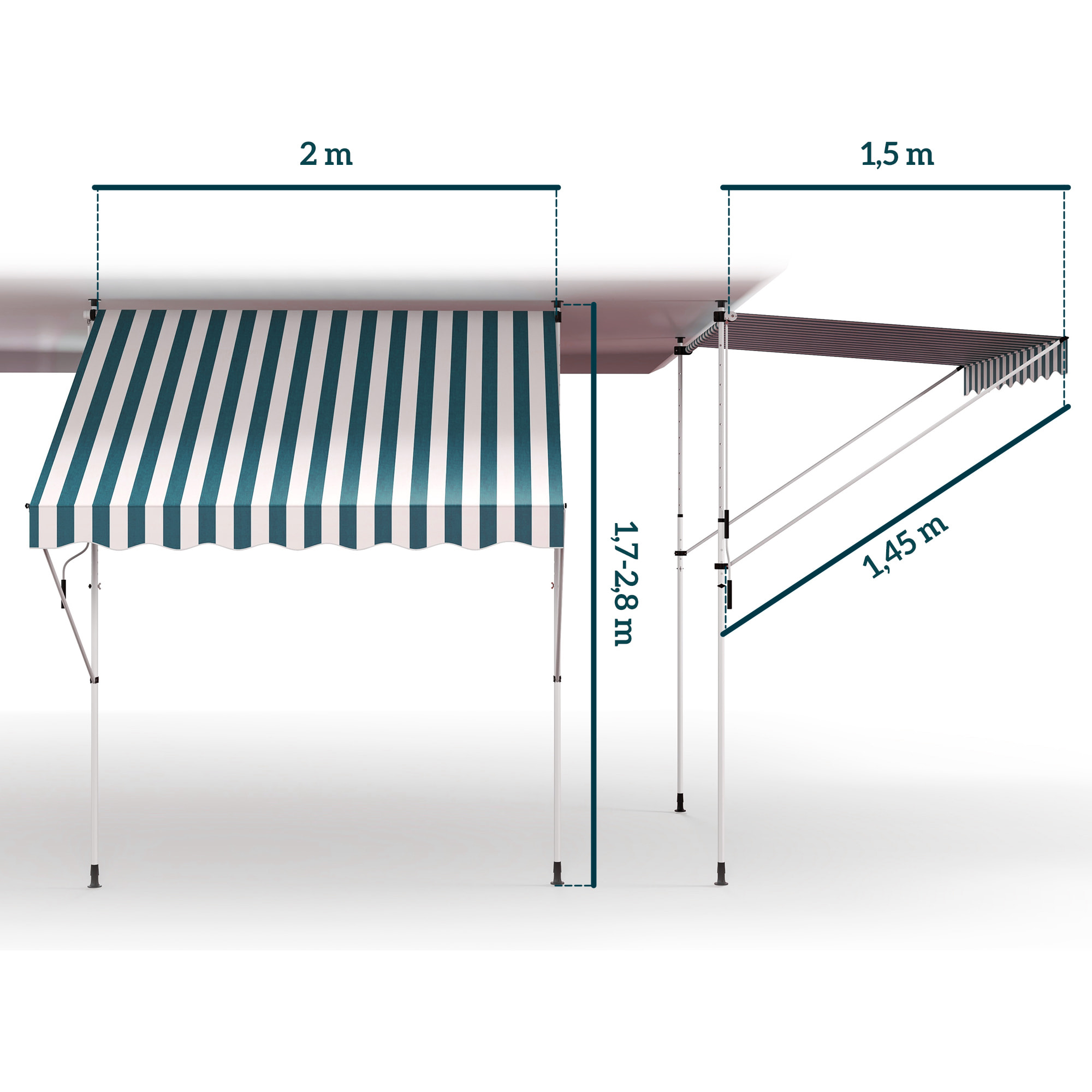 Toldo Manual Retráctil 2x1,5 m Toldo Exterior Terraza Enrollable Altura Ajustable con Manivela 170-280 cm Sin Taladro para Balcón Jardín Verde y Blanco