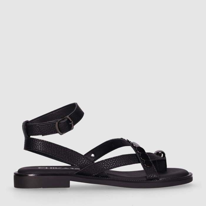 Sandalias de Piel - Negro - Tacón: 1 cm
