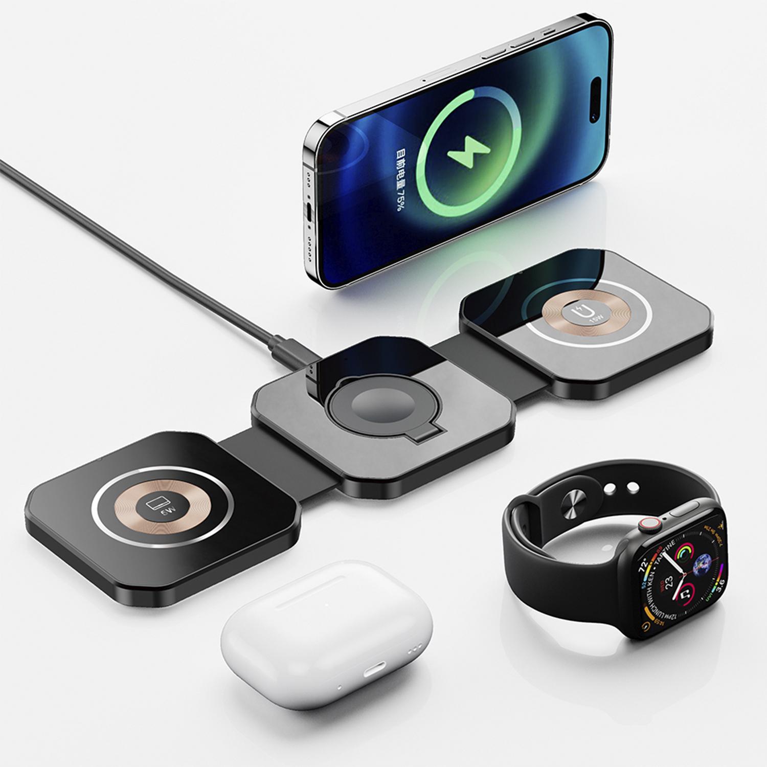 Caricabatterie wireless 3 in 1 J-M20, Magsafe. Per smartphone da 15 W, cuffie Qi 5 W e Apple Watch. Pieghevole.