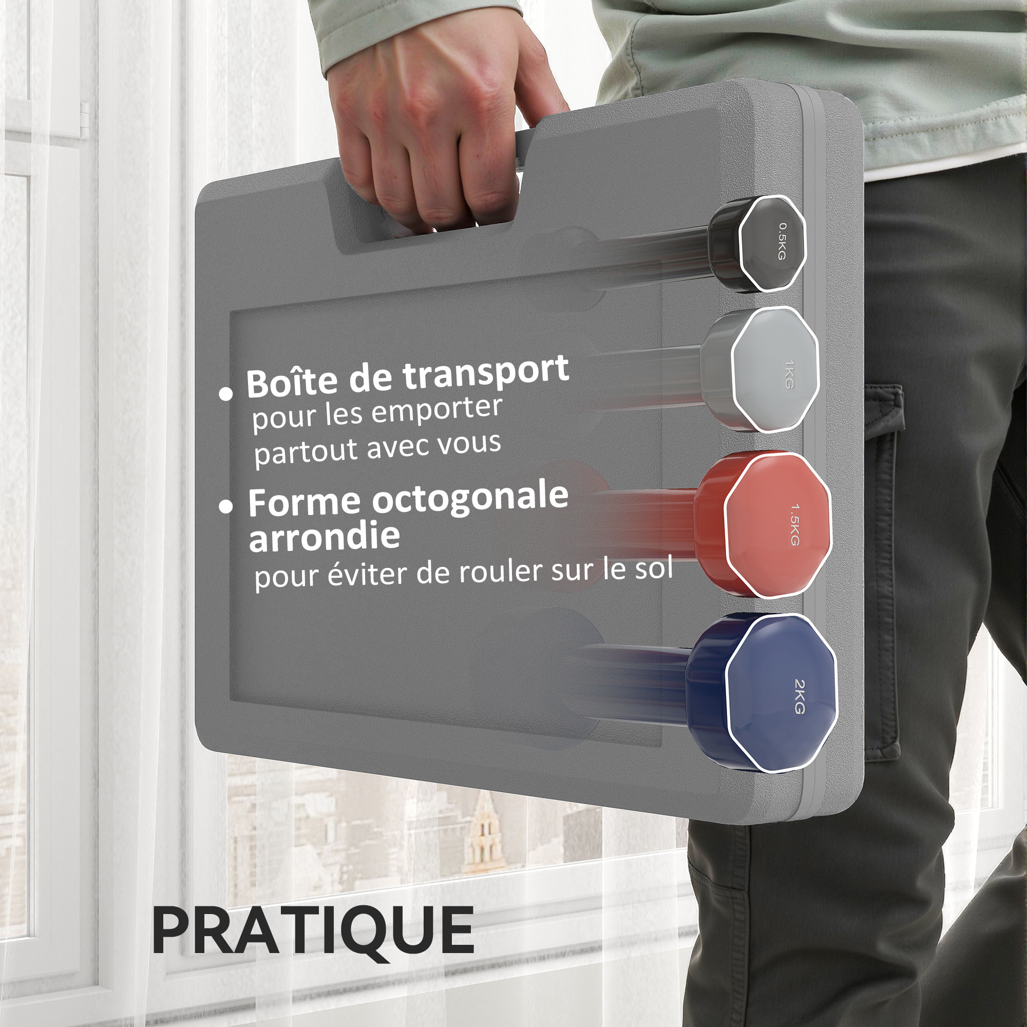 Ensemble d'haltères courtes total 10 Kg - collaboration Aosom.fr x FFHandball - paires de 0,5/1/1,5/2 Kg avec malette - métal PU multicolore