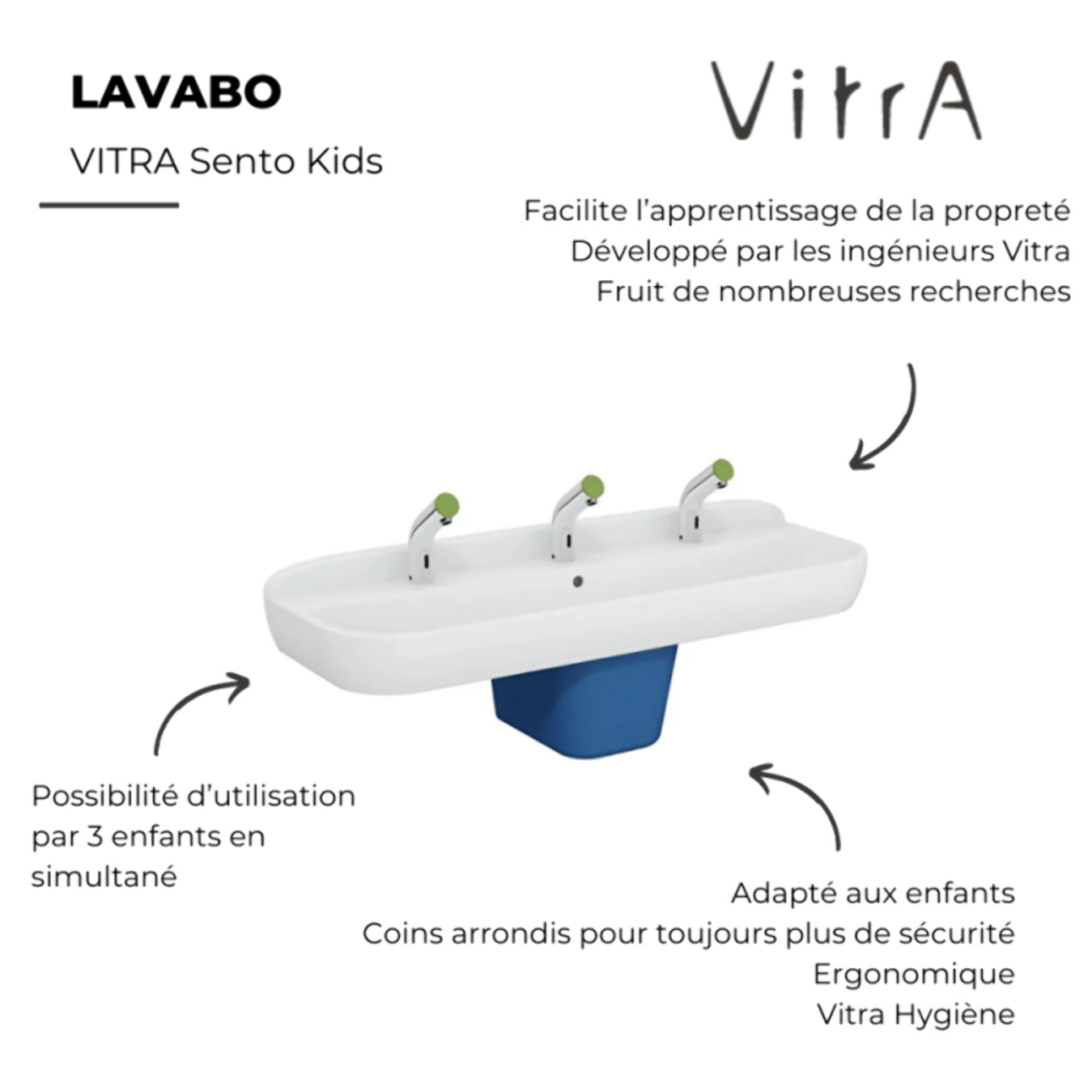 Lavabo pour enfant Sento Kids 125 cm + cache siphon bleu + siphon et bonde