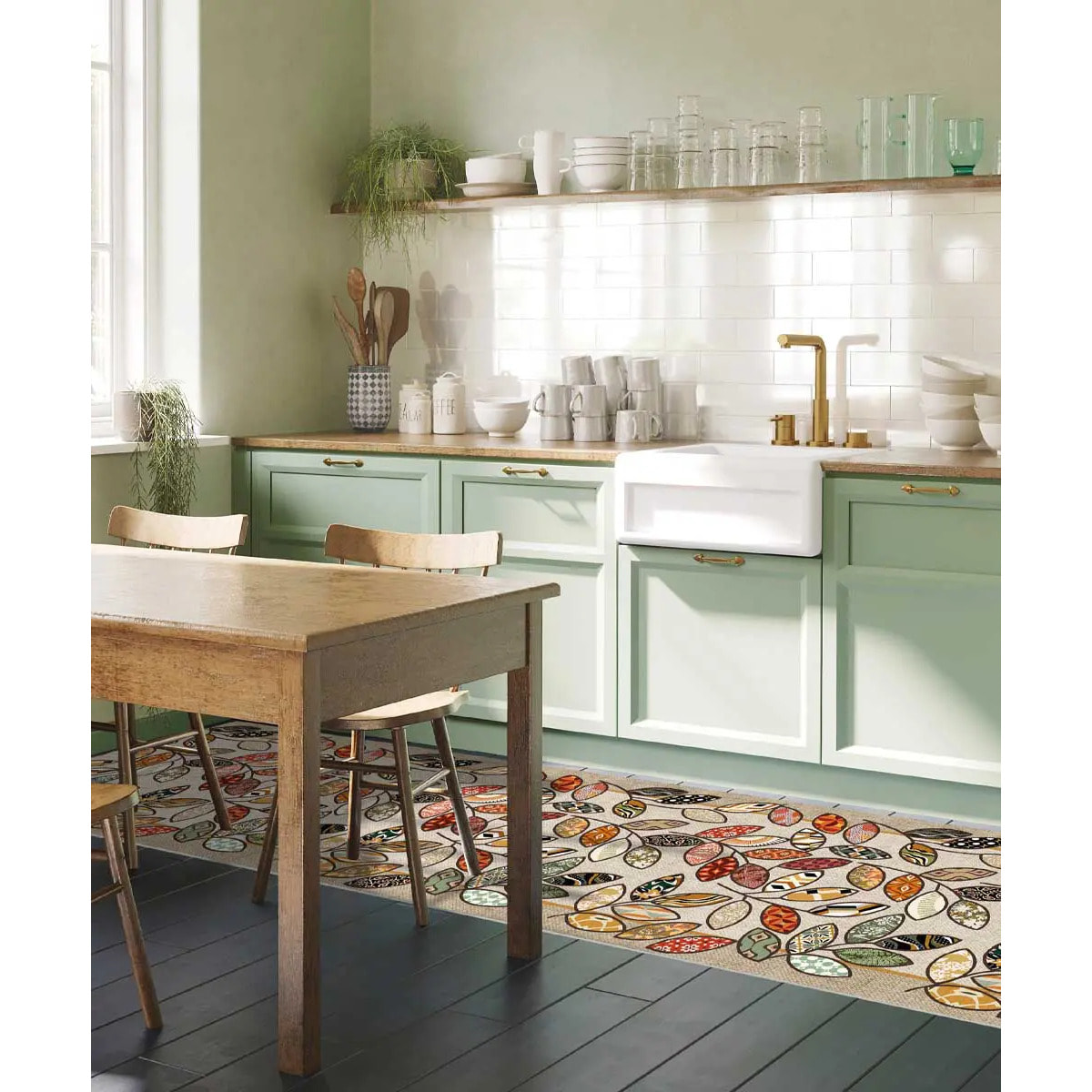 Passatoia tappeto cucina bagno ingresso multiuso, disegno foglie stile naturale