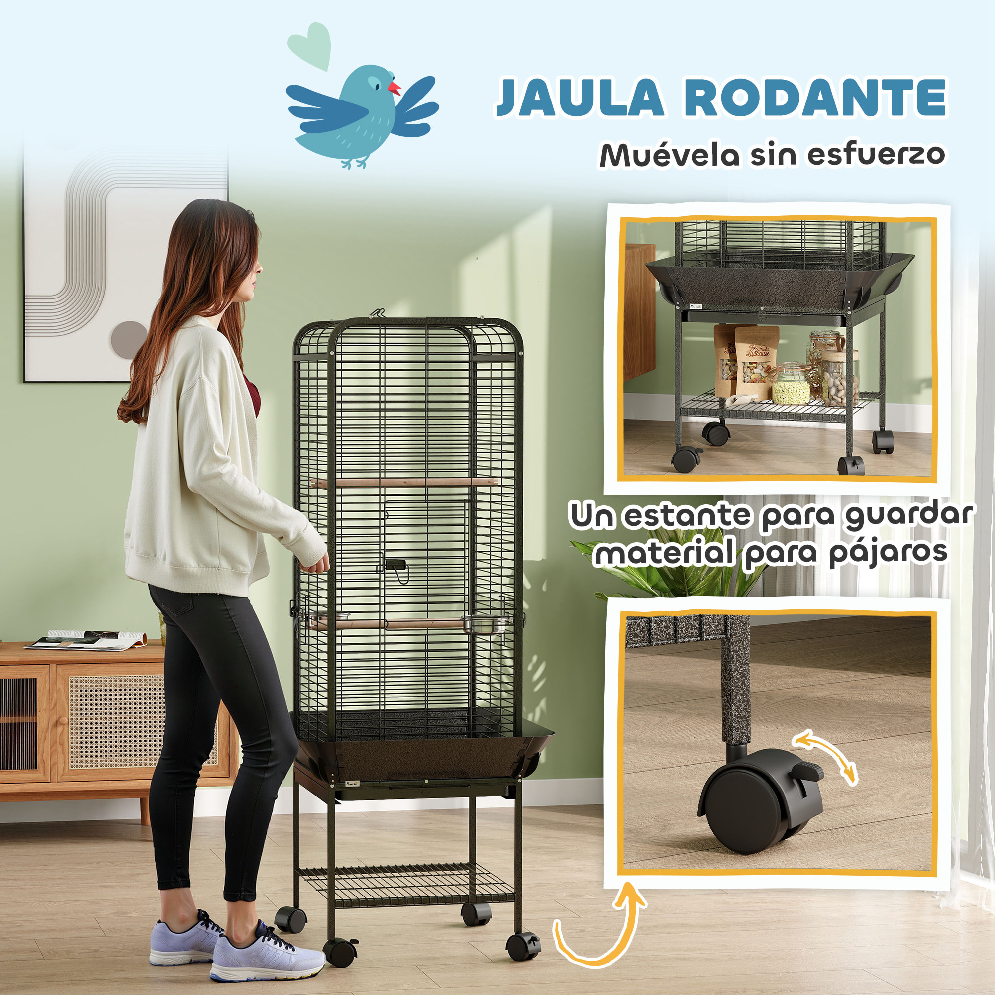 Jaula para Pájaros Jaula para Loros con Ruedas Perchas Comederos Estante y Bandeja Extraíble Pajarera para Cacatúas Cotorras 62,5x62,5x146 cm Gris Oscuro