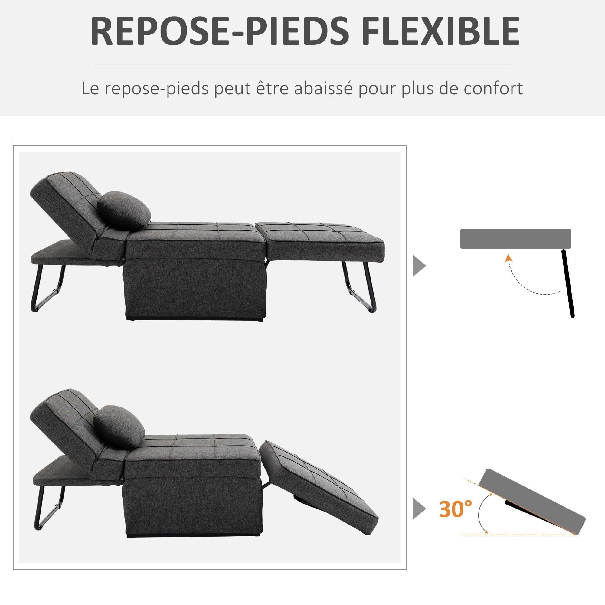 Fauteuil chauffeuse chaise longue pouf 3 en 1 dossier inclinable 5 niveaux repose-pied rabattable châssis métal noir lin gris