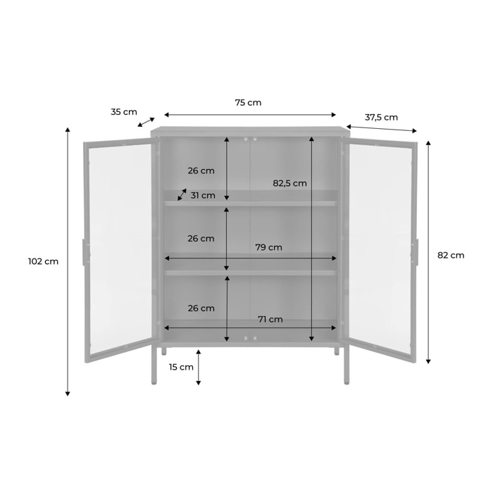 Armoire vitrine acier et verre trempé 2 portes 80cm ARKANSAS