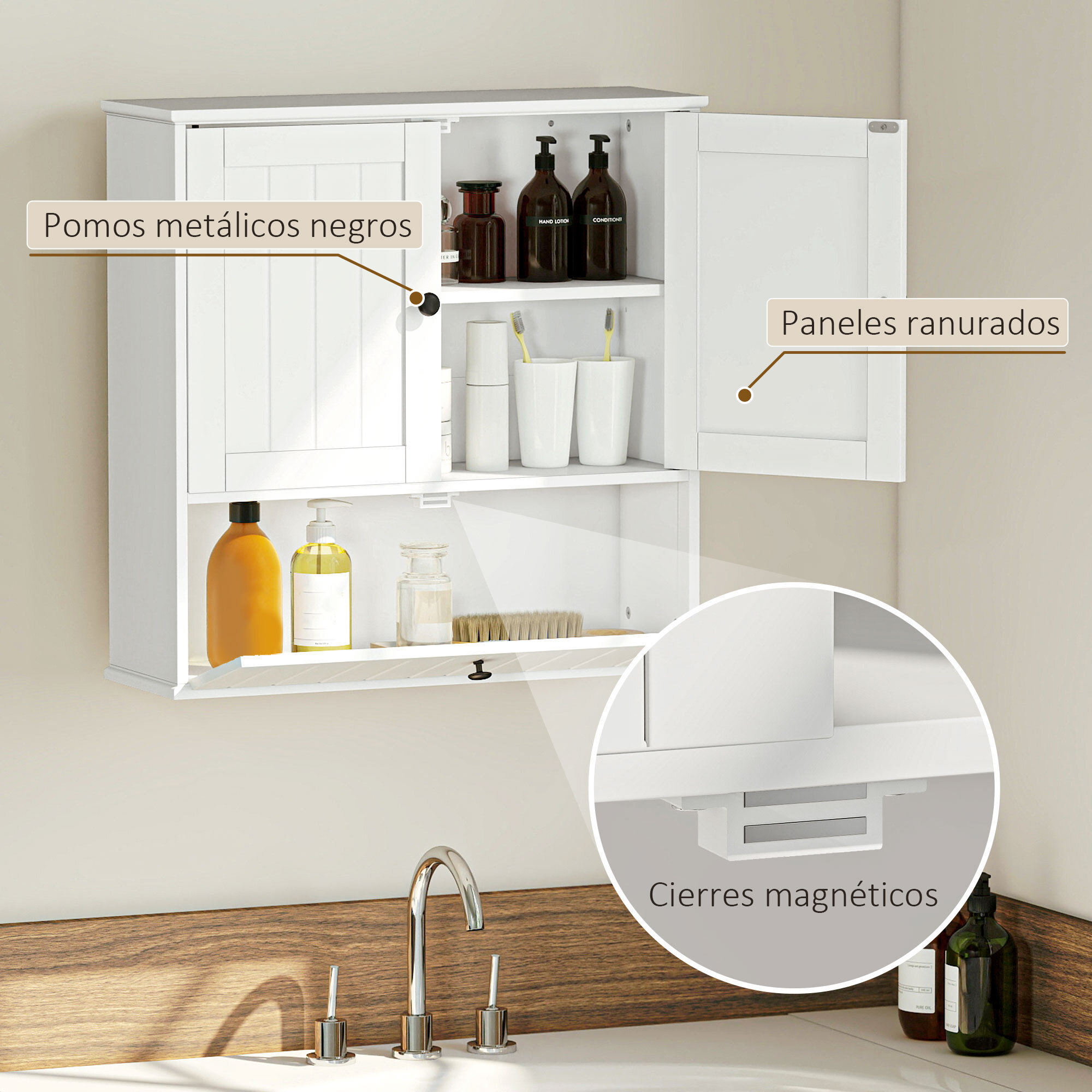 Armario de Baño de Pared, Mueble de Baño Colgar Rústico con Estante Ajustable, Doble Puerta, Puerta Abatible y Cierre Magnético, para Cocina, Lavadero, sobre el Inodoro, Blanco