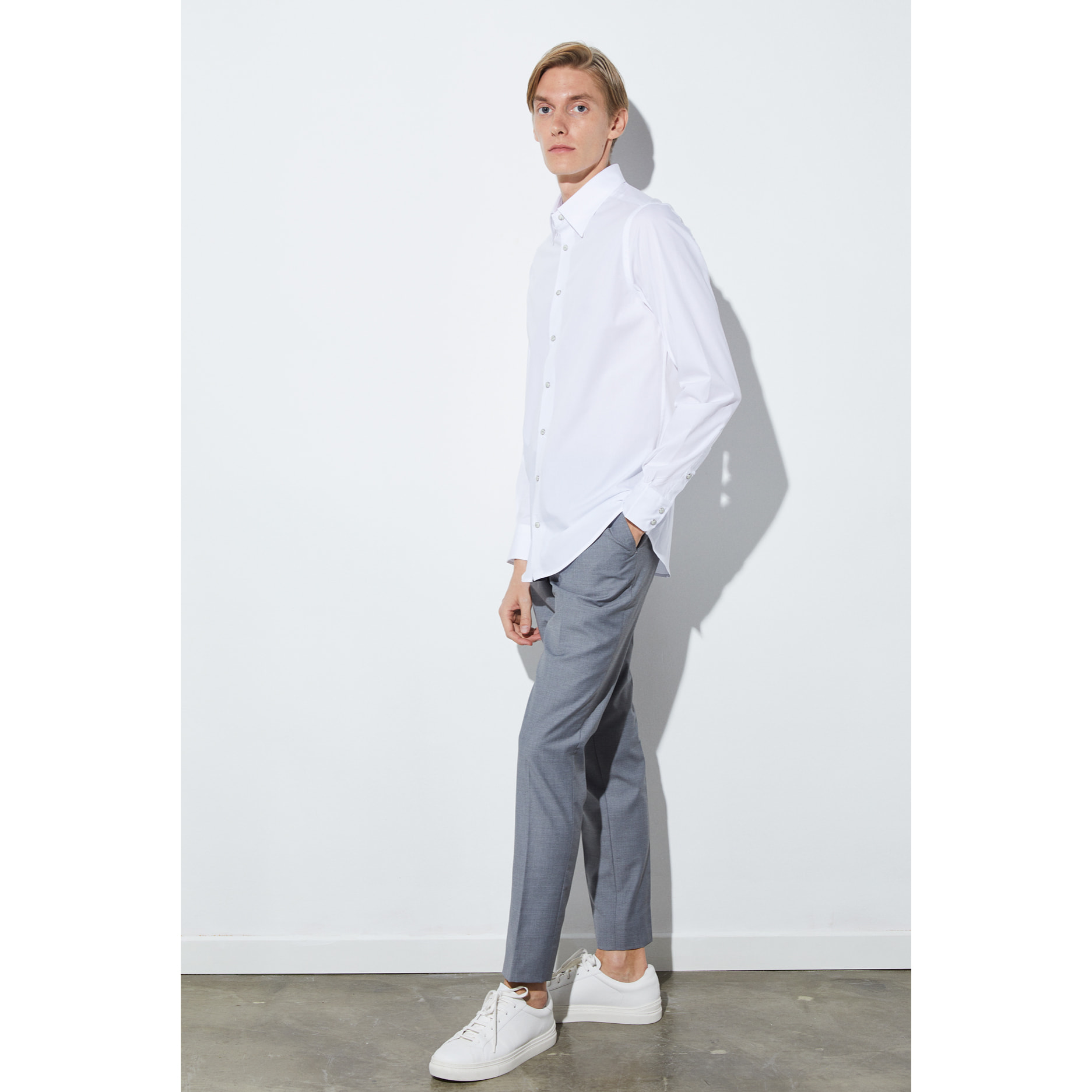 Camicia Uomo 1 Bottone Button Down Slim Popeline Stretch Unito Bianco