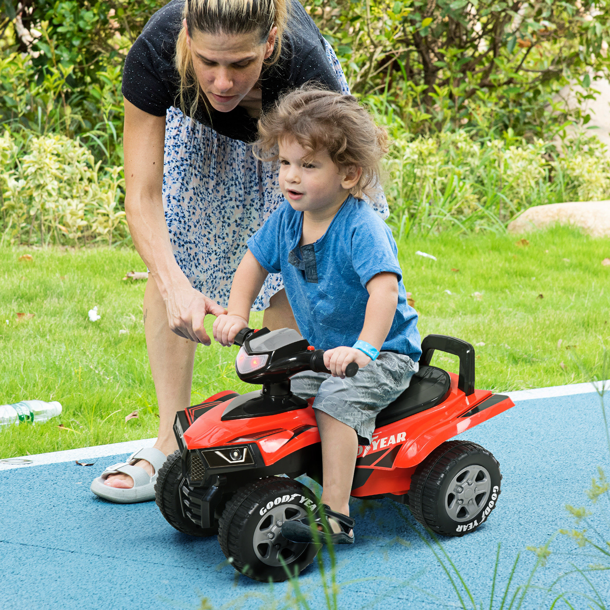 HOMCOM Quad Giocattolo per Bambini 18-36 Mesi con Licenza GOODYEAR con Luci e Suoni Realistici - Rosso e Nero