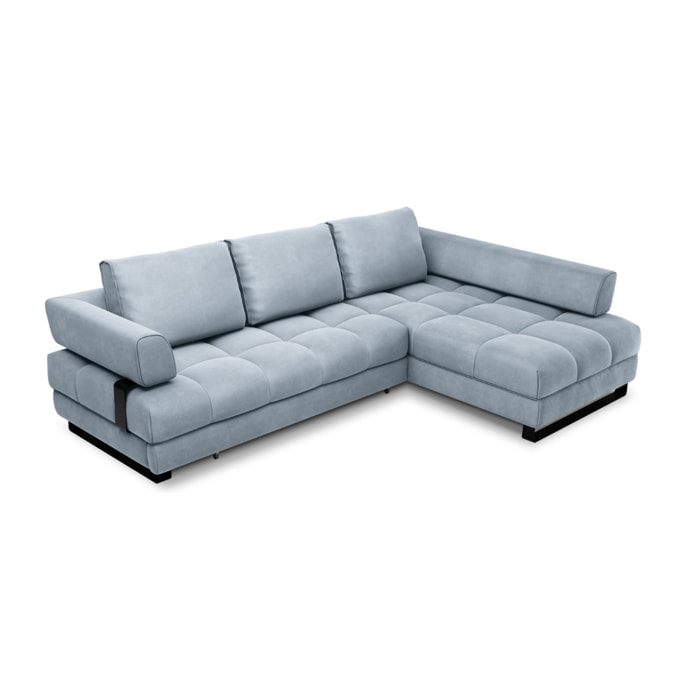 Canapé d'angle droit convertible avec coffre de rangement "Clinton" 5 places en velours bleu clair