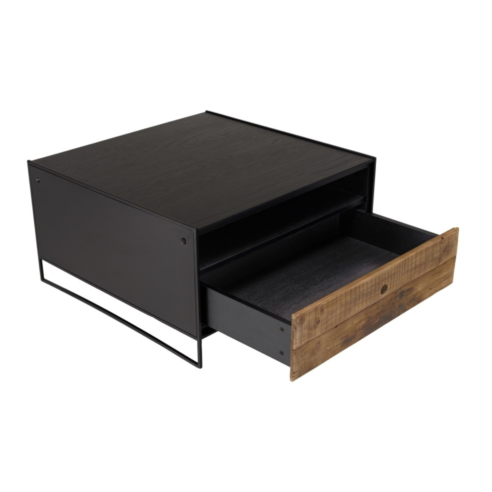 DANDY - Table basse noire 80x80cm 1 tiroir bois Pin recyclé et métal