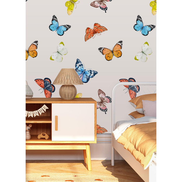 Papel pintado CERAMIKO, Mariposas con fondo color gris claro 65x300 cm