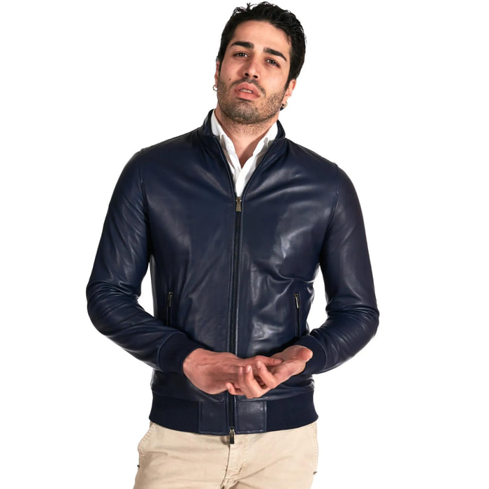 Giubbotto Bomber in pelle blu nappa effetto liscio