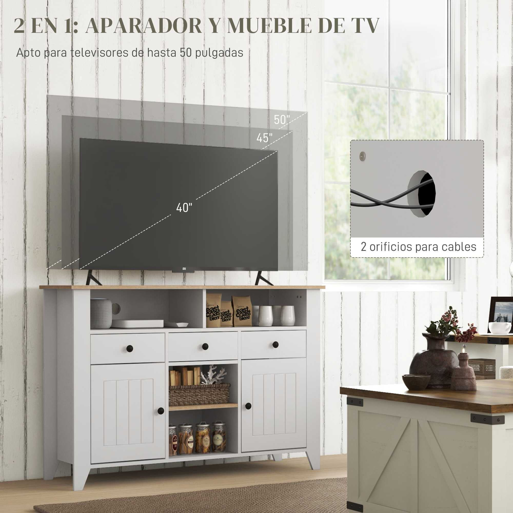 Aparador de Cocina Mesa para Televisores de 50 Pulgadas con 3 Cajones 2 Puertas 2 Estantes Abiertas y 2 Estantes Ajustables Estilo Moderno 120x38x81,5 cm Blanco