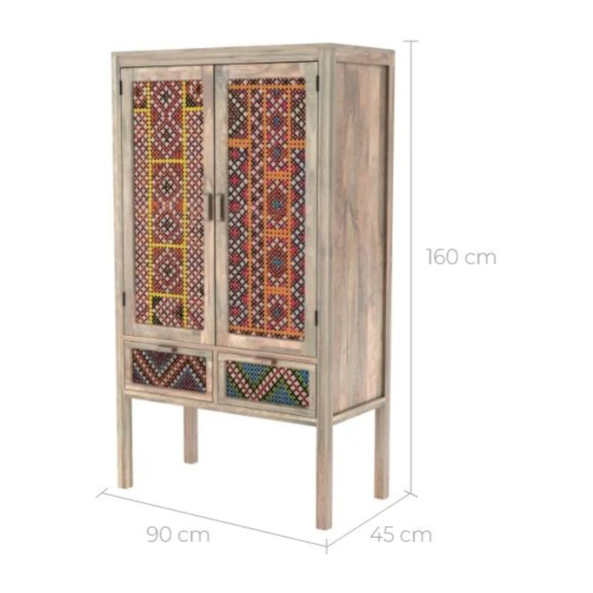 Armoire 2 portes 2 tiroirs en manguier et cannage coloré - Massaï
