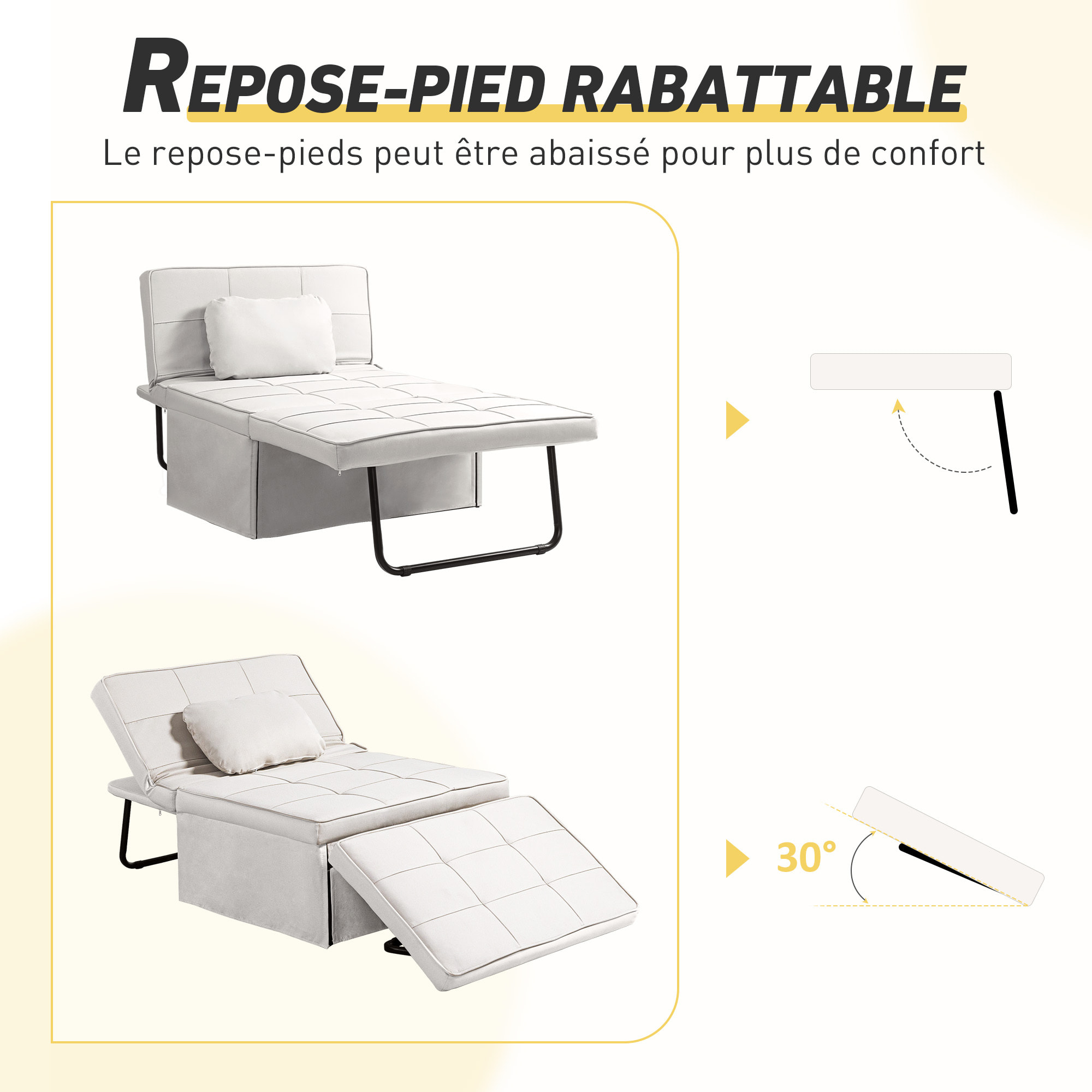 Fauteuil chauffeuse chaise longue pouf 3 en 1 dossier inclinable 5 niveaux repose-pied rabattable châssis métal noir lin crème