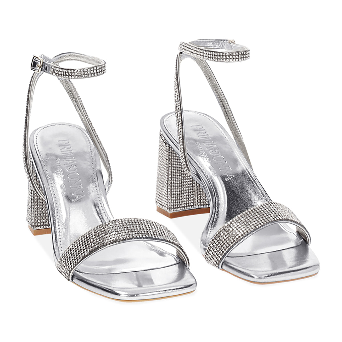 Sandalo donna argento luminoso, tacco gioiello 7,5 cm