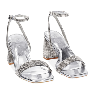 Sandalo donna argento luminoso, tacco gioiello 7,5 cm