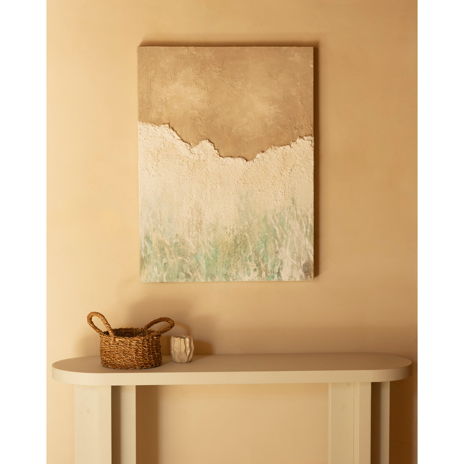 Tableau beige et blanc décoratif sur coton avec cadre en bois peint à la main à la peinture à l'huile en différentes tailles