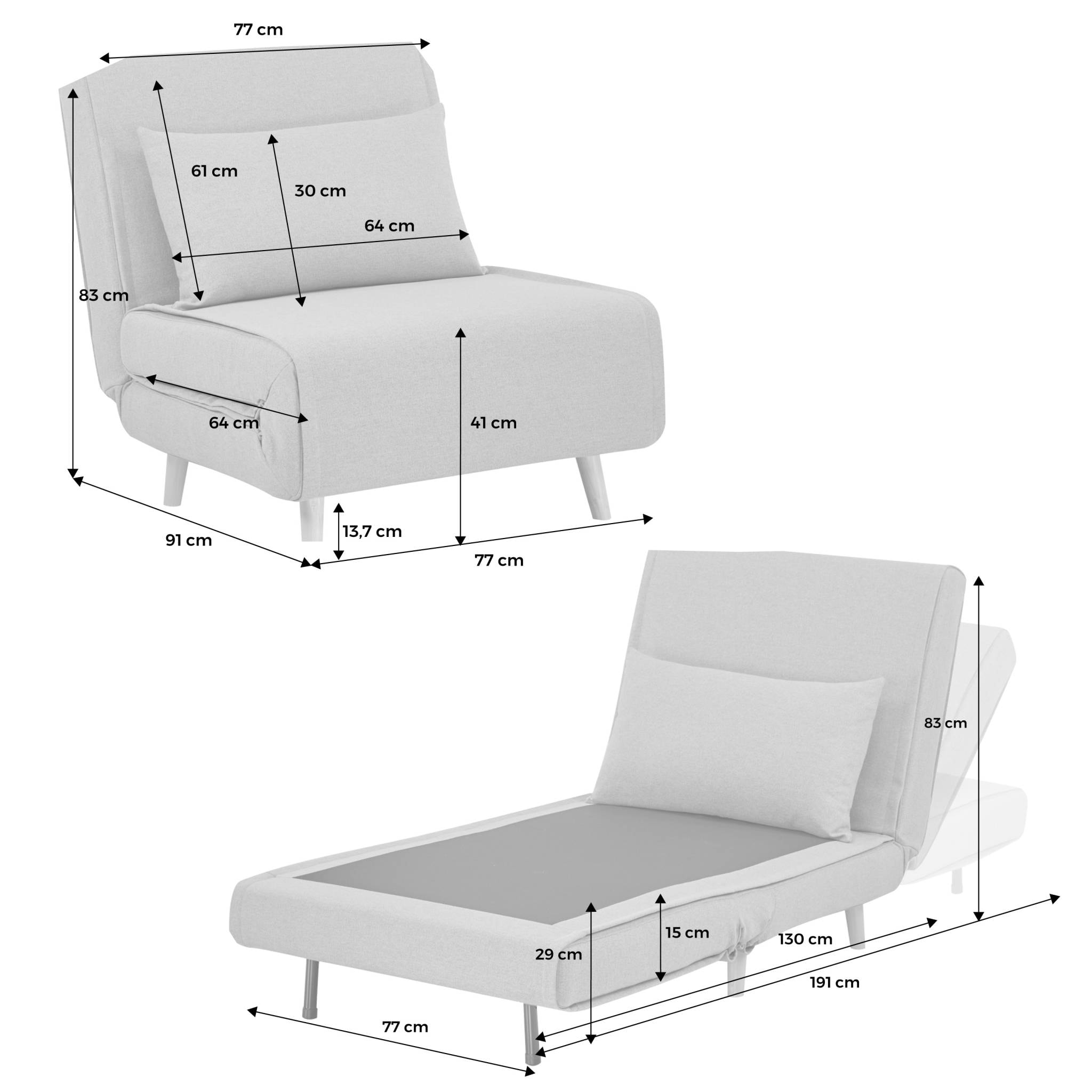 Chauffeuse convertible tissu piétement bois 1 place gris Guest