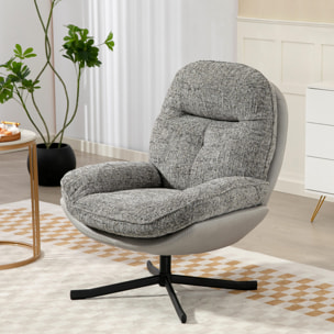 Sillón Giratorio Moderno, Butaca de Salón con Base Cruz, Tapizado en Chenilla y Cuero PU, Asiento Ancho Doble, Patas de Acero y Reposabrazos, Sillón Relax para Sala de Estar, Dormitorio, Gris