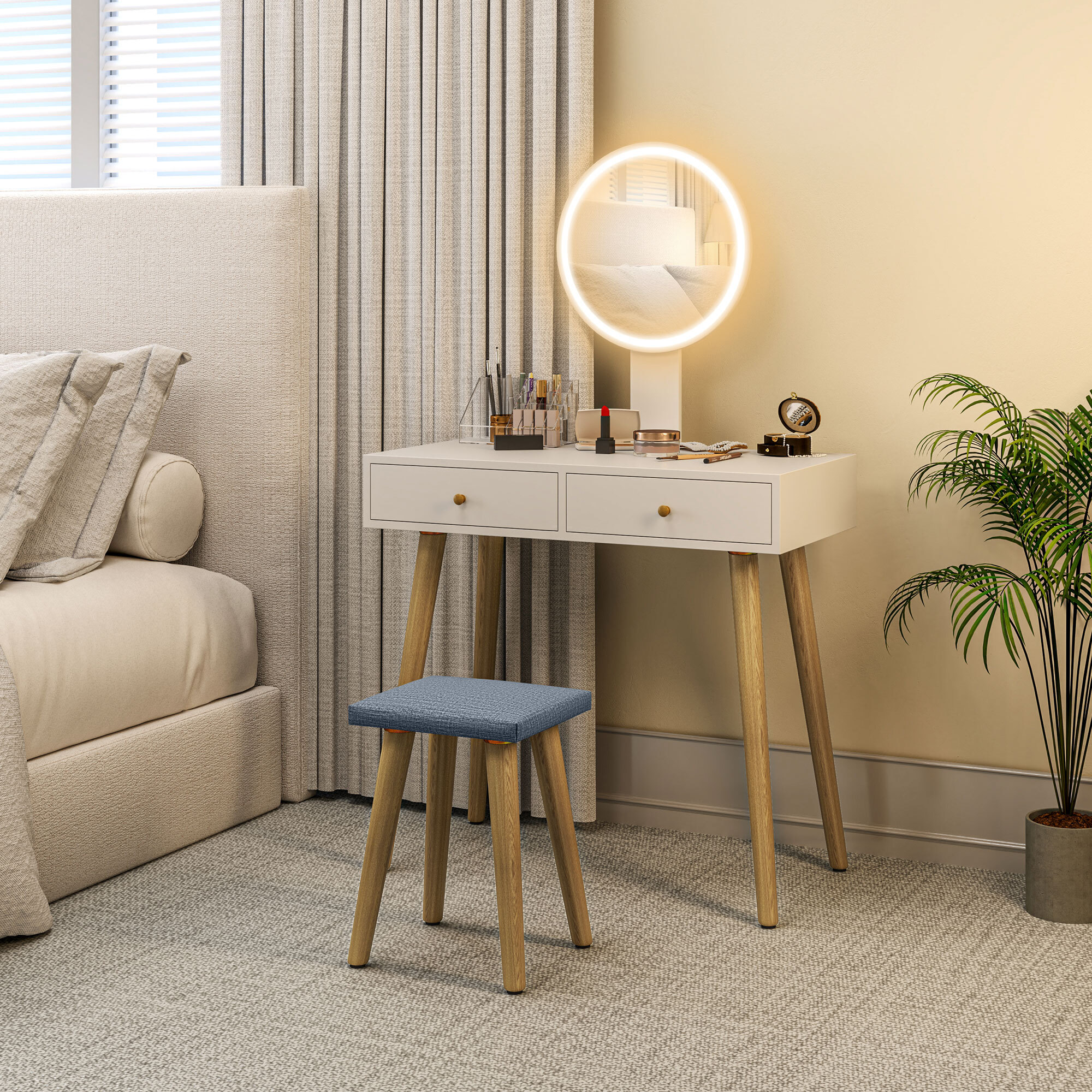 Tocador de Maquillaje con Luz LED y Taburete Mesa de Maquillaje con Espejo Brillo Ajustable 3 Colores 2 Cajones y Organizador Tocador Moderno para Dormitorio 80x43x133 cm Blanco