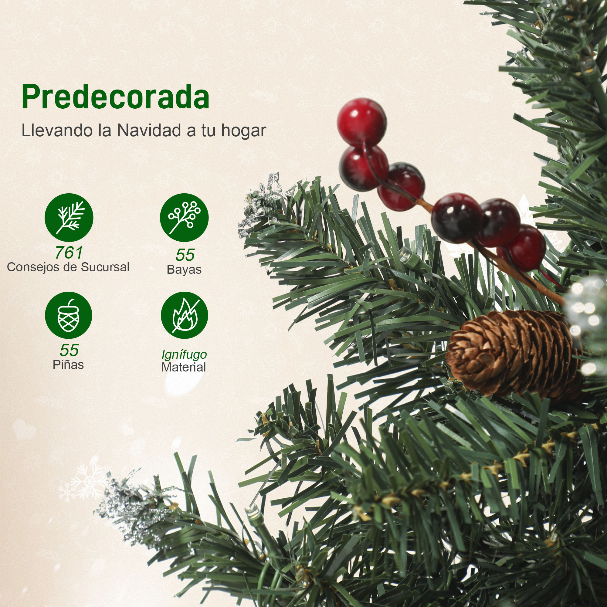 Árbol de Navidad Estrecho 230 cm, Árbol de Navidad Artificial con Luces LED Blanca Cálida, 8 Modos de Iluminación, 761 Ramas con Purpurina Plateada, Piñas, Bayas y Soporte Metálico, Verde