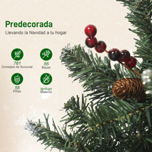 Árbol de Navidad Estrecho 230 cm, Árbol de Navidad Artificial con Luces LED Blanca Cálida, 8 Modos de Iluminación, 761 Ramas con Purpurina Plateada, Piñas, Bayas y Soporte Metálico, Verde