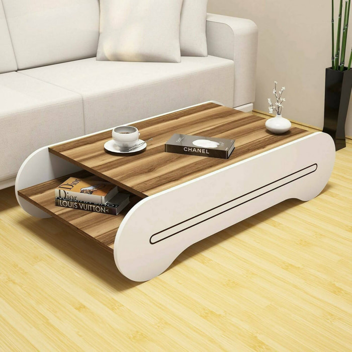 Tavolino da salotto Anz, Tavolo basso da caffè, Portariviste per divano, Ripiano da soggiorno, 120x64h30 cm, Noce e Bianco