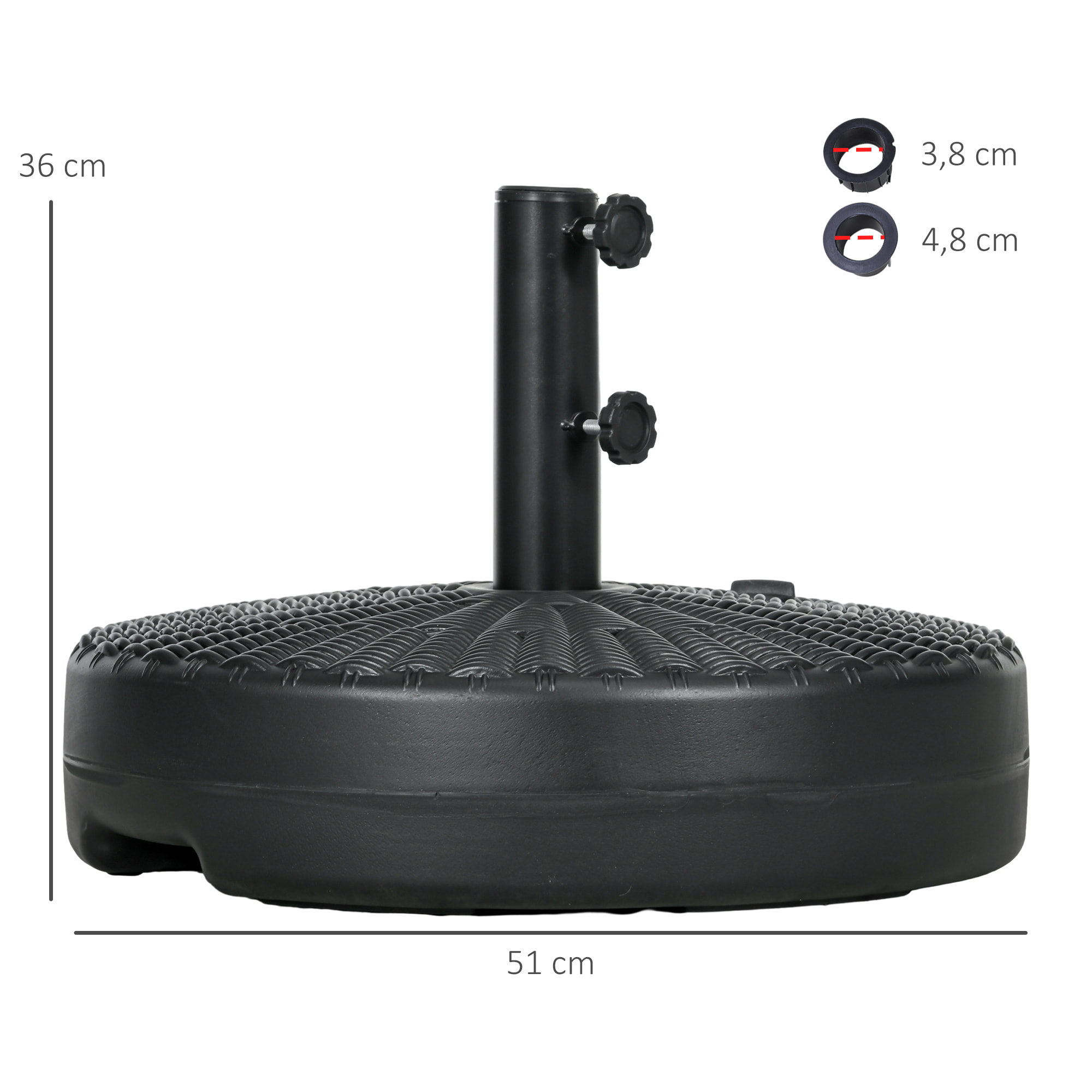 Base de Sombrilla Redondo Soporte para Parasol Rellenable de Agua 22 kg y Arena 29 kg para Poste de Parasol de Ø38/48 mm Superficie de Imitación de Ratán Ø51x36 cm Negro