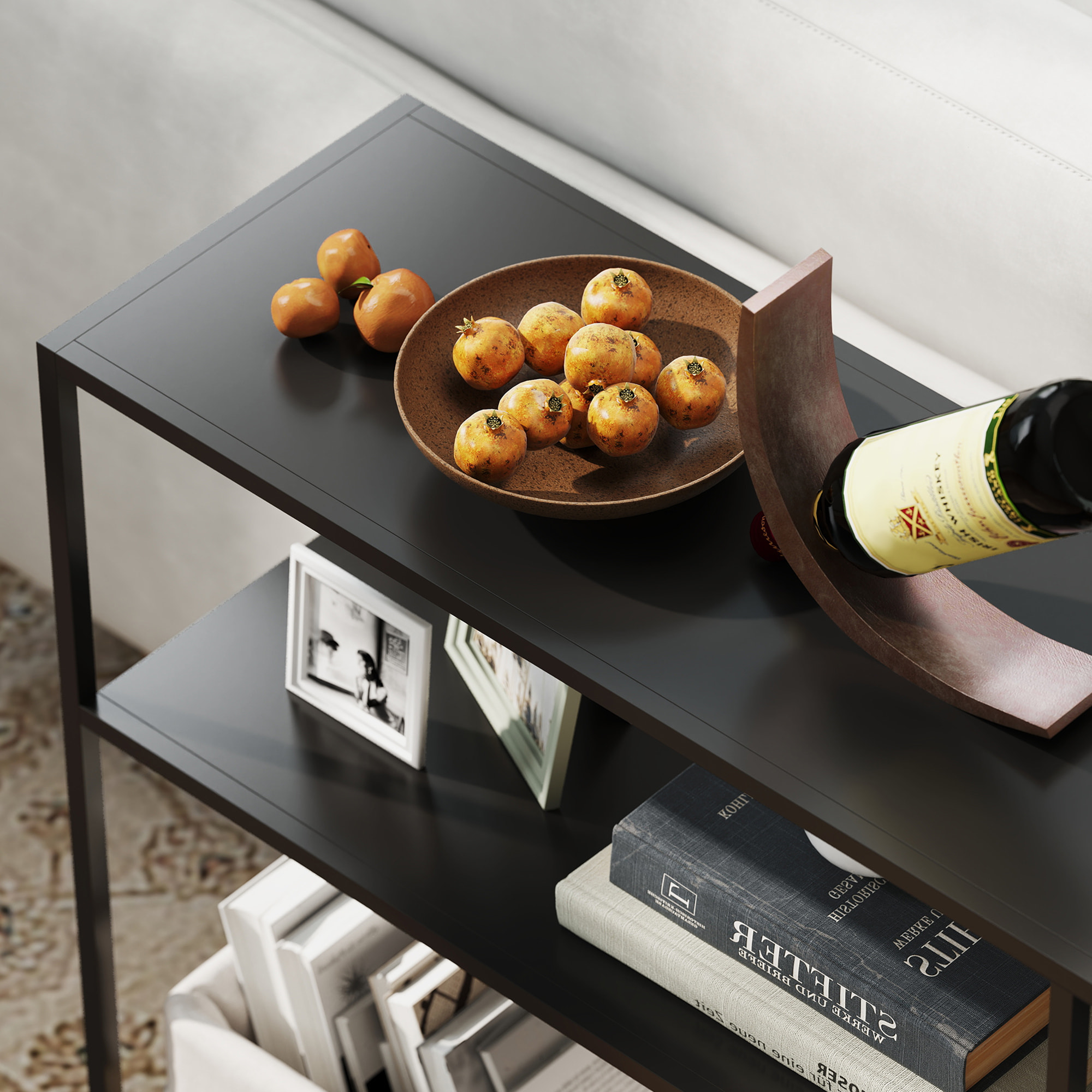 Console meuble d'entrée style industriel 4 étagères dim. 110 x 30 x 75 cm acier panneaux noir