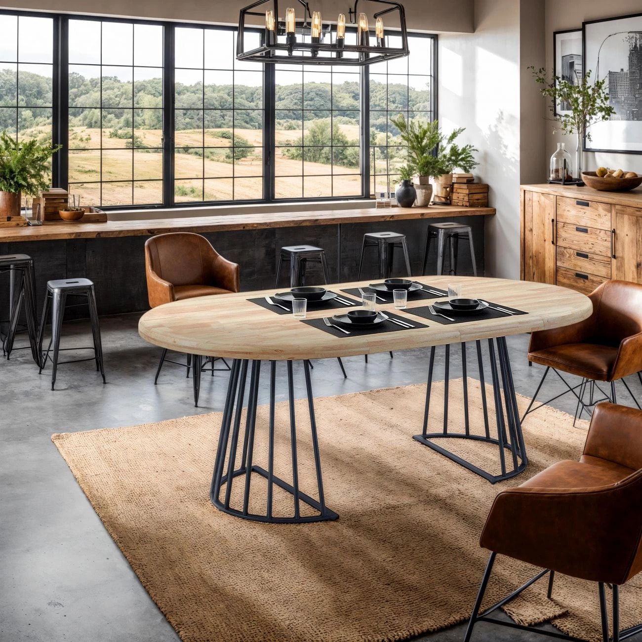 Mesa de comedor redonda extensible en negro y roble 120-200x120 cm Meztil Negro - Roble