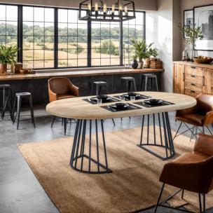Mesa de comedor redonda extensible en negro y roble 120-200x120 cm Meztil Negro - Roble